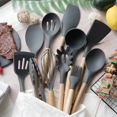 2 Pcs Kitchen Utensils Set | BPA Silicon & Wooden Kitchen Spoon Set Random colour