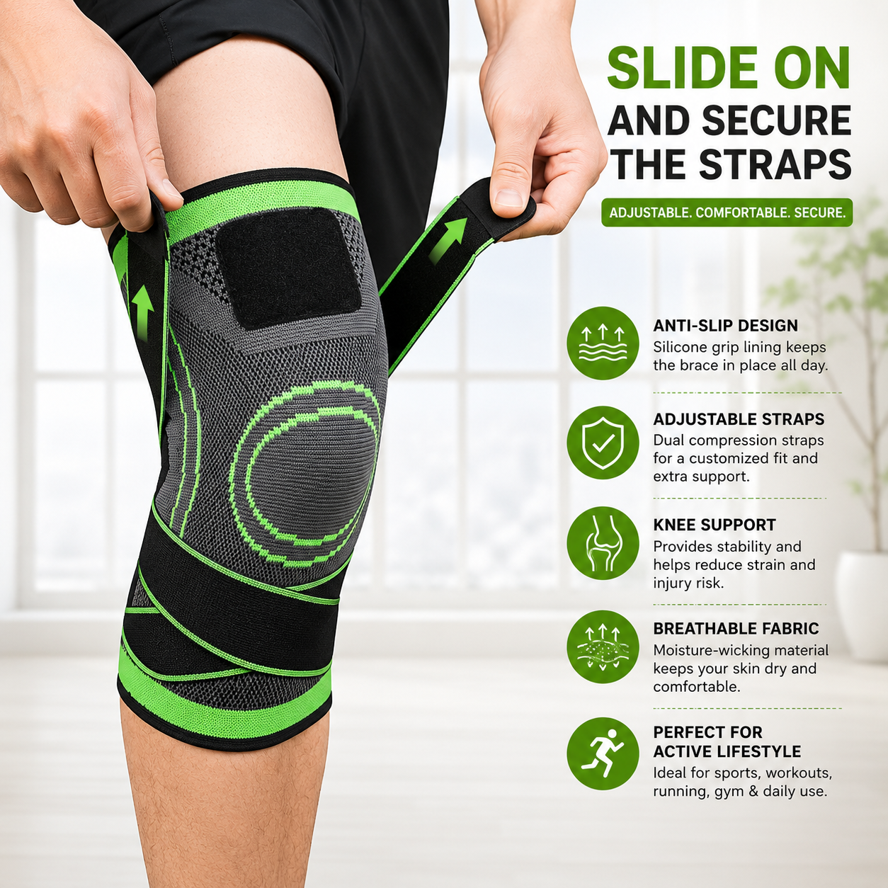 Premium Compression Knee Brace – High-Elasticity Joint Support Sleeve with Adjustable Dual Tension Straps