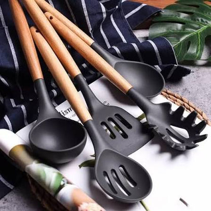 2 Pcs Kitchen Utensils Set | BPA Silicon & Wooden Kitchen Spoon Set Random colour