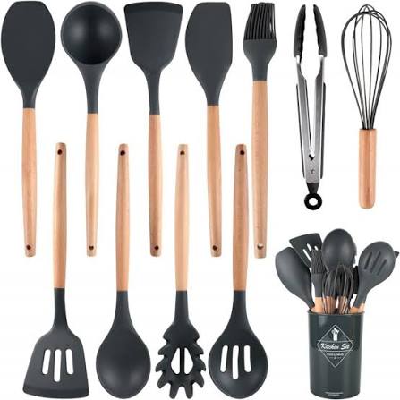 2 Pcs Kitchen Utensils Set | BPA Silicon & Wooden Kitchen Spoon Set Random colour