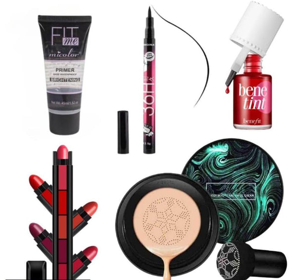 5-in-1 Professional Makeup Combo Kit – Primer, Cushion Foundation, Eyeliner, Lip Tint & Lipstick Set