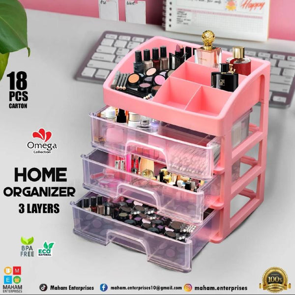 3-Layer Plastic Cosmetic Organizer Box with Drawers