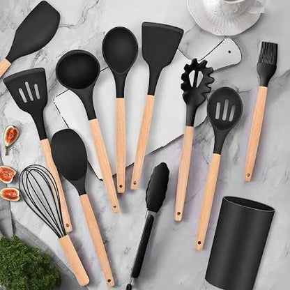 2 Pcs Kitchen Utensils Set | BPA Silicon & Wooden Kitchen Spoon Set Random colour